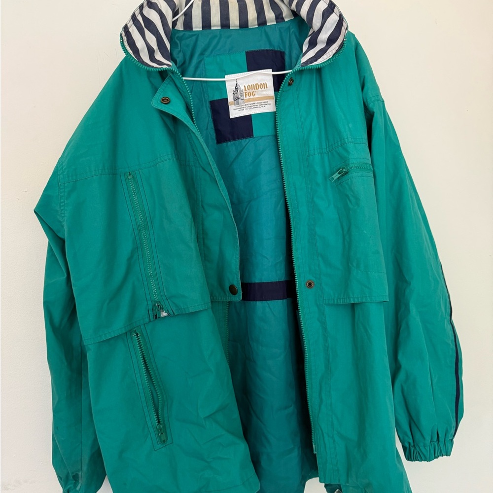 London Fog Teal Raincoat with Striped Collar